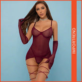 Women's Mesh Lingerie with Suspenders, Backless Leggings & Gloves